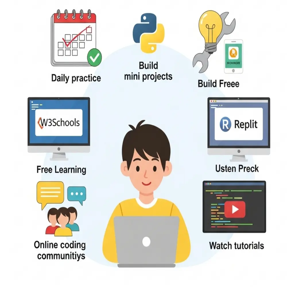 Student learning Python with icons for practice, projects, free sites, communities, and tutorials.