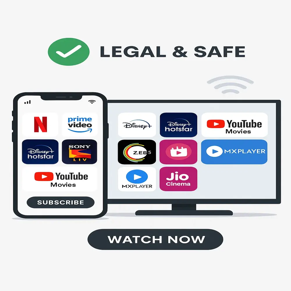 Legal streaming apps like Netflix, Prime Video, and Disney+ shown on phone and TV screens with a green checkmark indicating safe viewing options. 