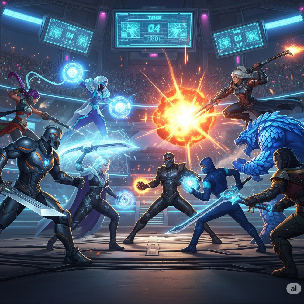 Epic heroes battle in a glowing futuristic combat arena