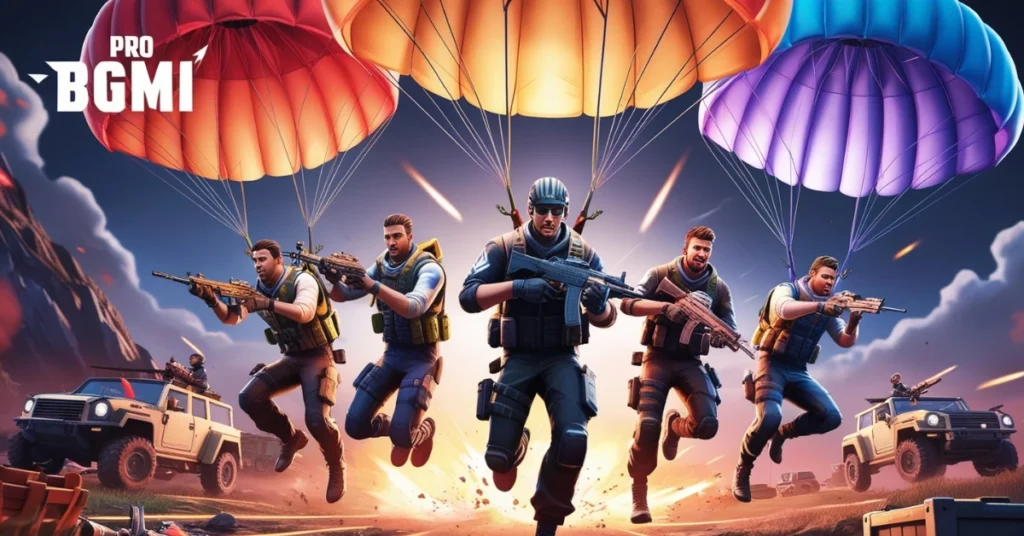BGMI pro players landing with gear and strategy