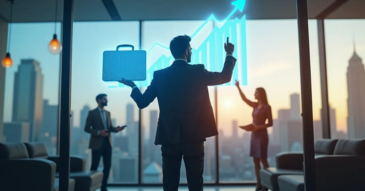 Entrepreneur holding glowing briefcase and pointing to rising holographic chart to show bold business growth with leverage finance.