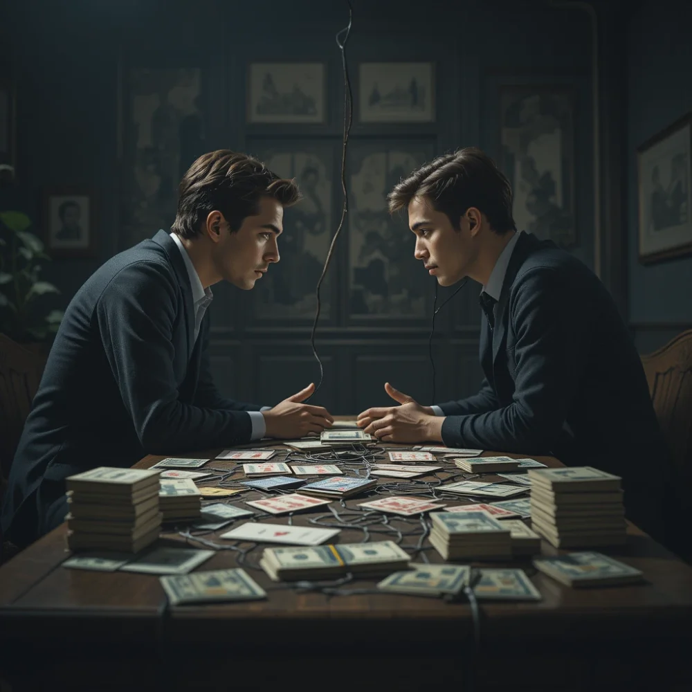 Two opponents face off at a table stacked with cash and lie-detection wires in a dimly lit room.