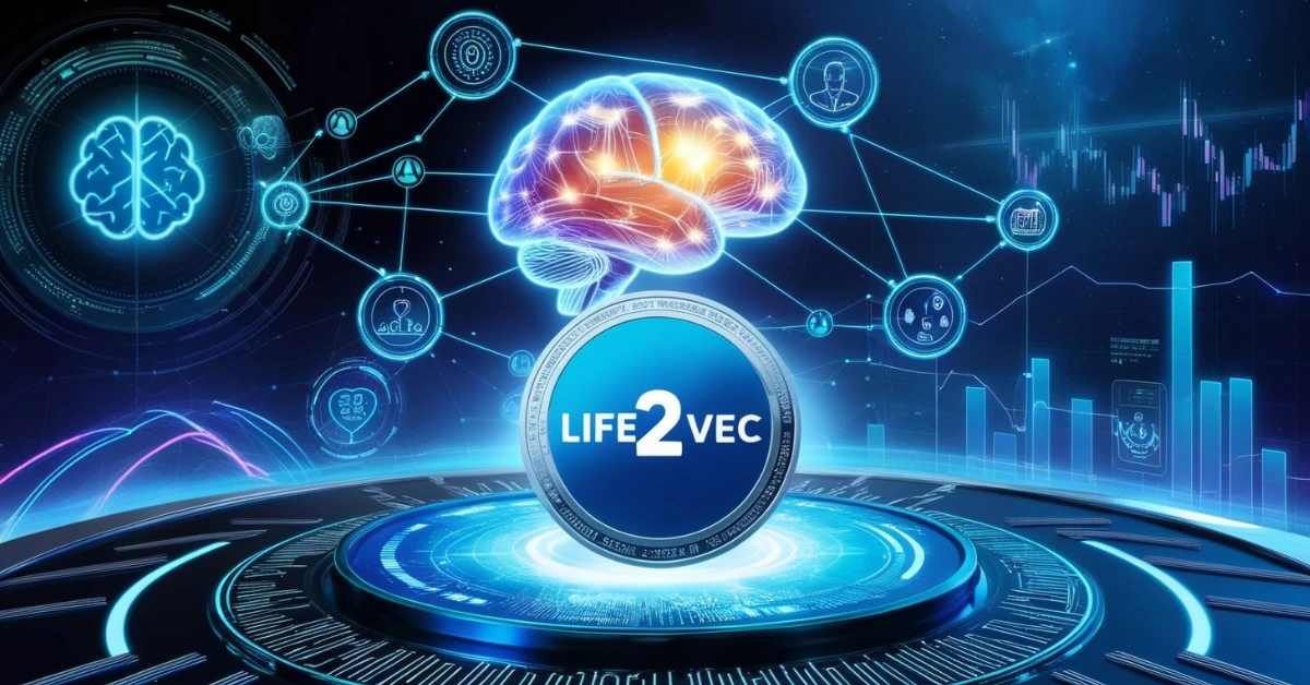 Futuristic digital illustration showing an AI brain connected to blockchain nodes with a glowing Life2vec crypto coin, surrounded by health and finance icons in neon blue tones.