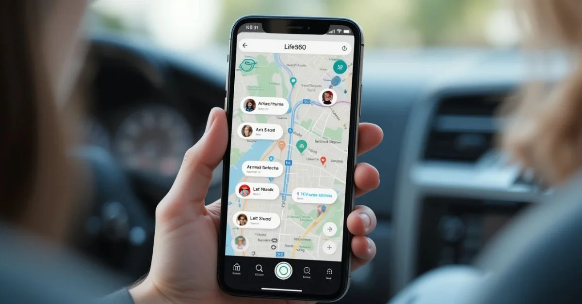 Smartphone displaying Life360 app with real-time family location tracking on a map.