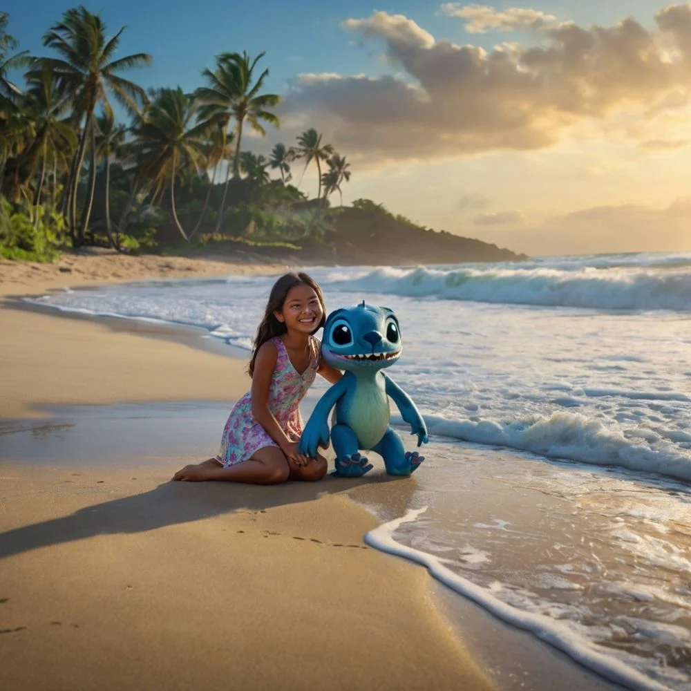 Girl and Stitch on beach at sunset, live-action style.