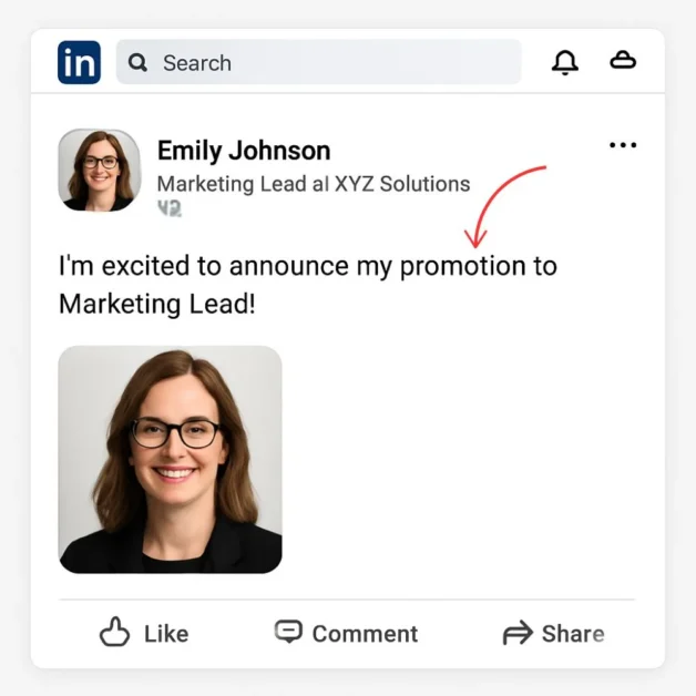 LinkedIn post screenshot of Emily Johnson announcing her promotion to Marketing Lead at XYZ Solutions.