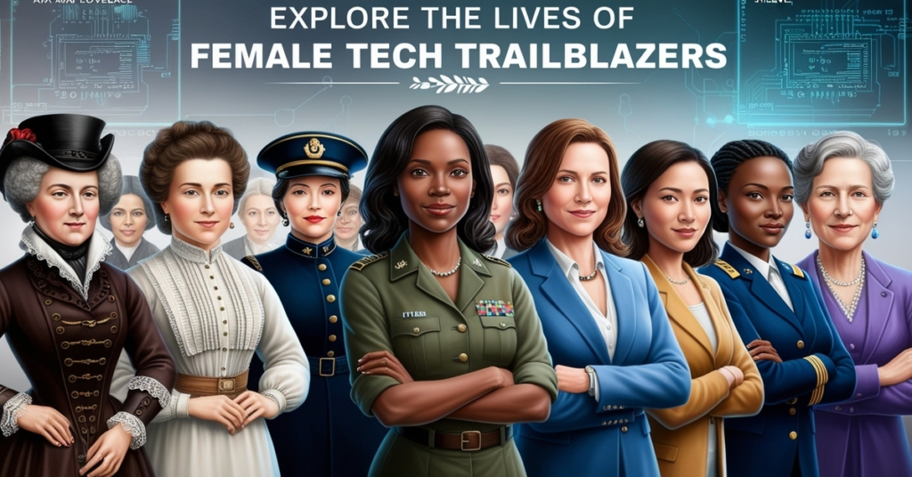 Realistic faces of diverse female tech pioneers from past to present, standing in a tech-themed background.