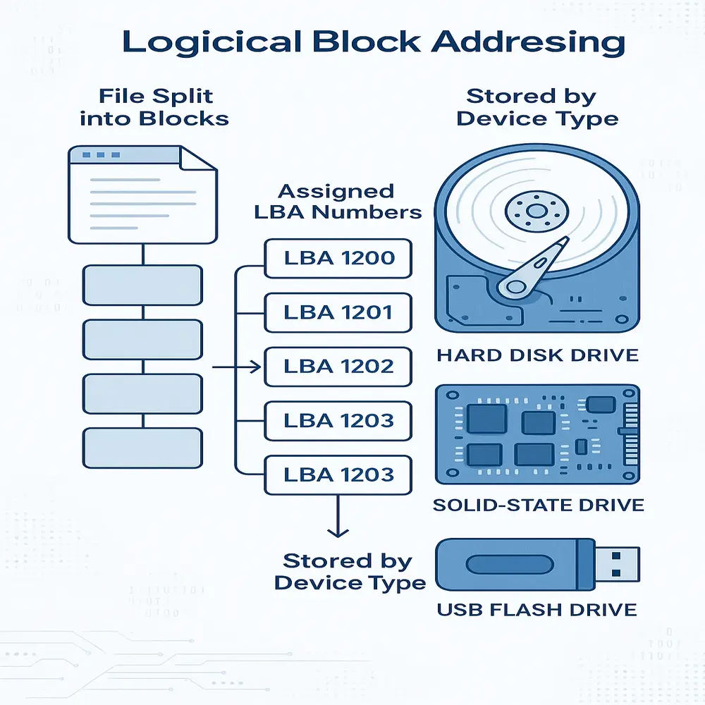 Illustration showing how a file is divided into blocks, given LBA numbers, and stored on different devices like hard drives, SSDs, and USB drives. 