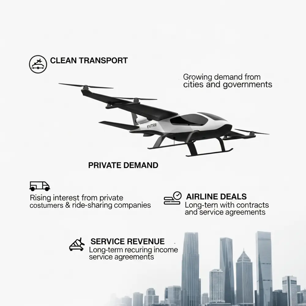Infographic showing a futuristic eVTOL aircraft above a city skyline with four labeled points: clean transport, private demand, airline deals, and service revenue.