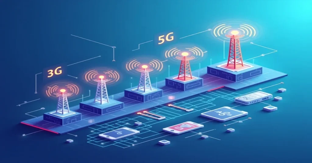 Futuristic digital illustration of 3G, LTE, and 5G evolution with signal towers, smartphones, and connectivity icons on a gradient background.