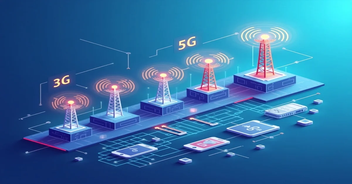 Futuristic digital illustration of 3G, LTE, and 5G evolution with signal towers, smartphones, and connectivity icons on a gradient background.