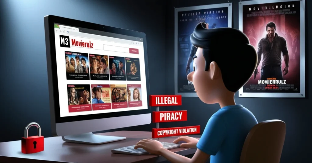 Person streaming movies online on a laptop in a dark room, with thumbnails of Bollywood, Hollywood, and South Indian films on screen, including piracy warning icons.