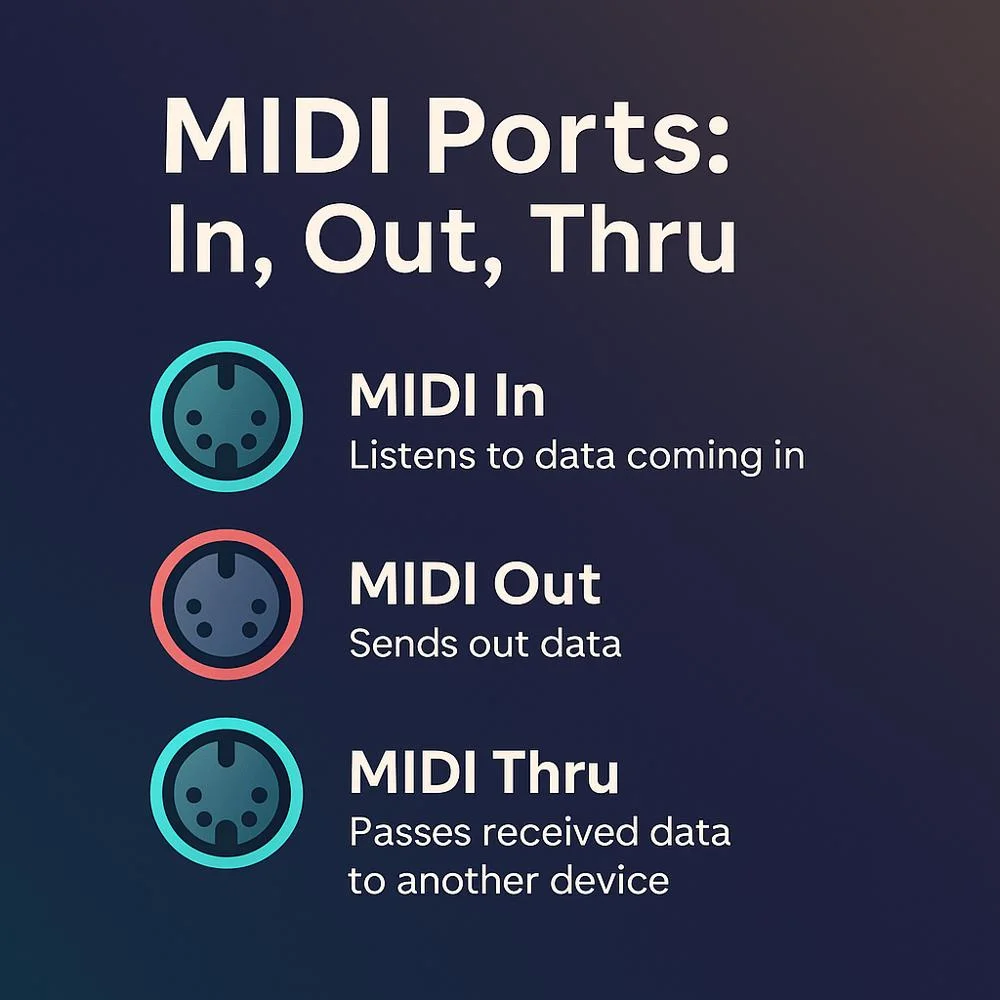 Infographic explaining MIDI In, Out, and Thru ports with icons and arrows showing data flow between musical devices.