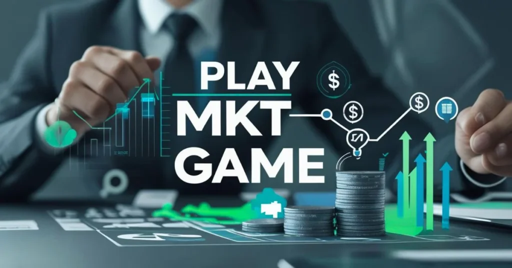 Play MKT Game with charts, coins and financial icons.