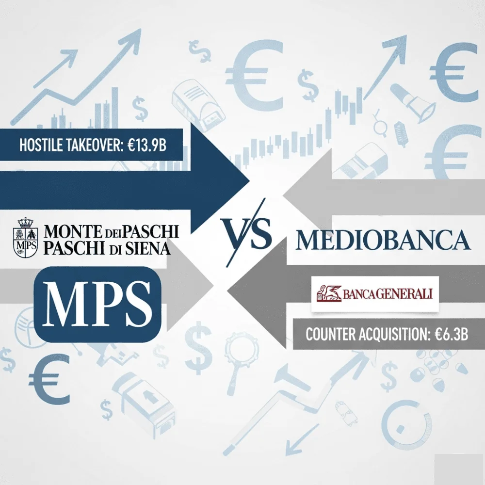 Graphic showing MPS’s €13.9B bid for Mediobanca against Mediobanca’s €6.3B Banca Generali deal, symbolizing Italy’s banking rivalry.