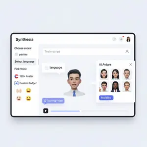 Synthesia interface showing AI avatar speaking, script box, avatar options, language tags, and a video preview bar in a clean, modern layout.
