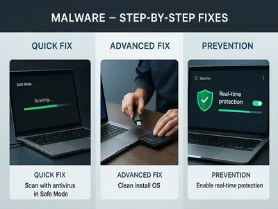 Three panel infographic showing malware fixes: antivirus scan in Safe Mode, clean OS installation, and enabling real-time protection. 