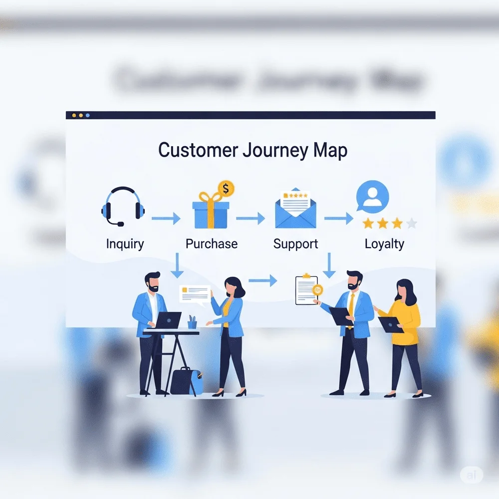 Illustration of a business team reviewing a customer journey map with key touchpoints like support, loyalty rewards, and satisfaction ratings. 
