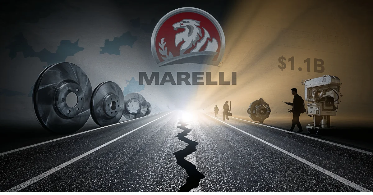 Illustration of Marelli Chapter 11 filing, showing a cracked road, glowing horizon, auto parts, workers' silhouettes, Marelli logo, and $1.1B financing signifying restructuring.