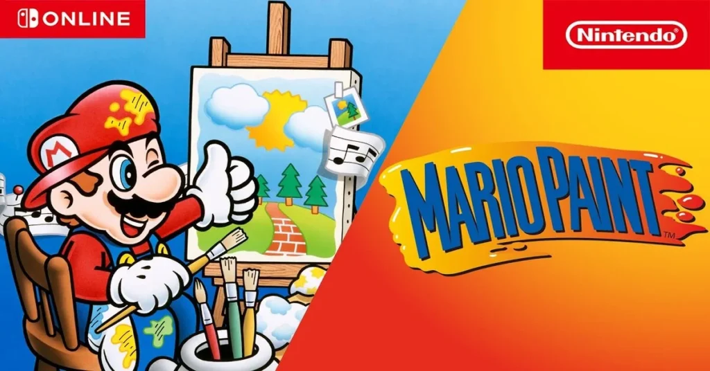 A nostalgic screenshot of Mario Paint on the Nintendo Switch, showing its colorful drawing interface and mouse-supported controls.