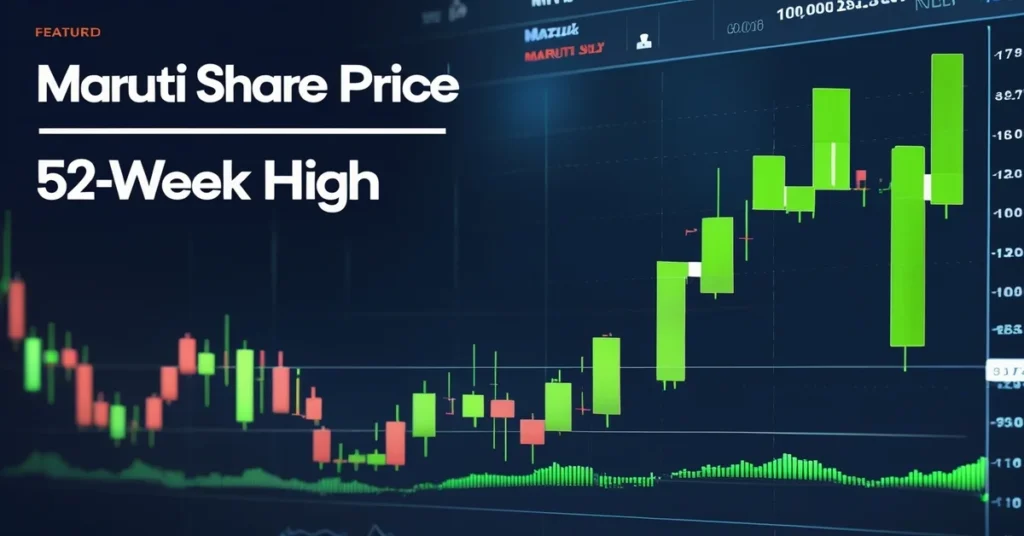 Image showing Maruti share price hitting 52-week high with bullish chart, upward arrow, and news-style heading.