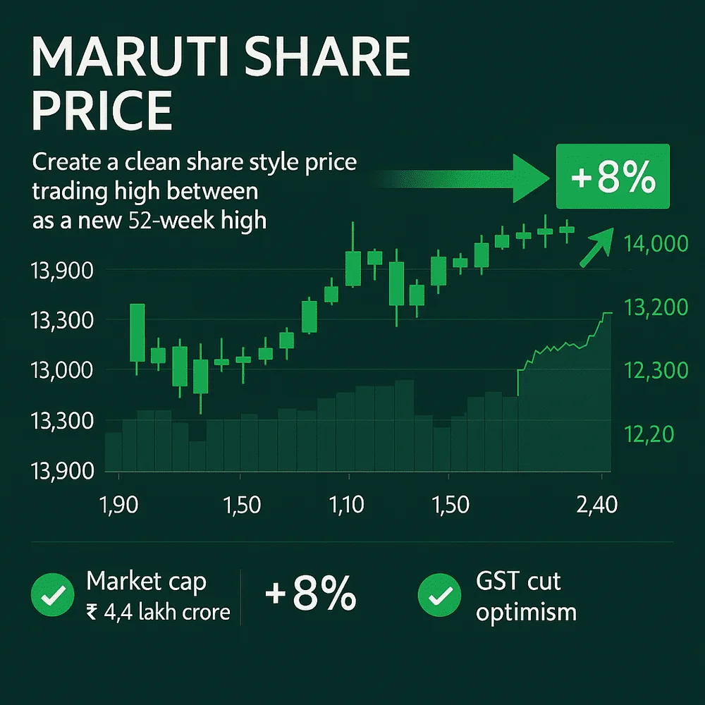 Stock chart showing Maruti share price rise to ₹13,900–₹14,000 with bullish momentum.