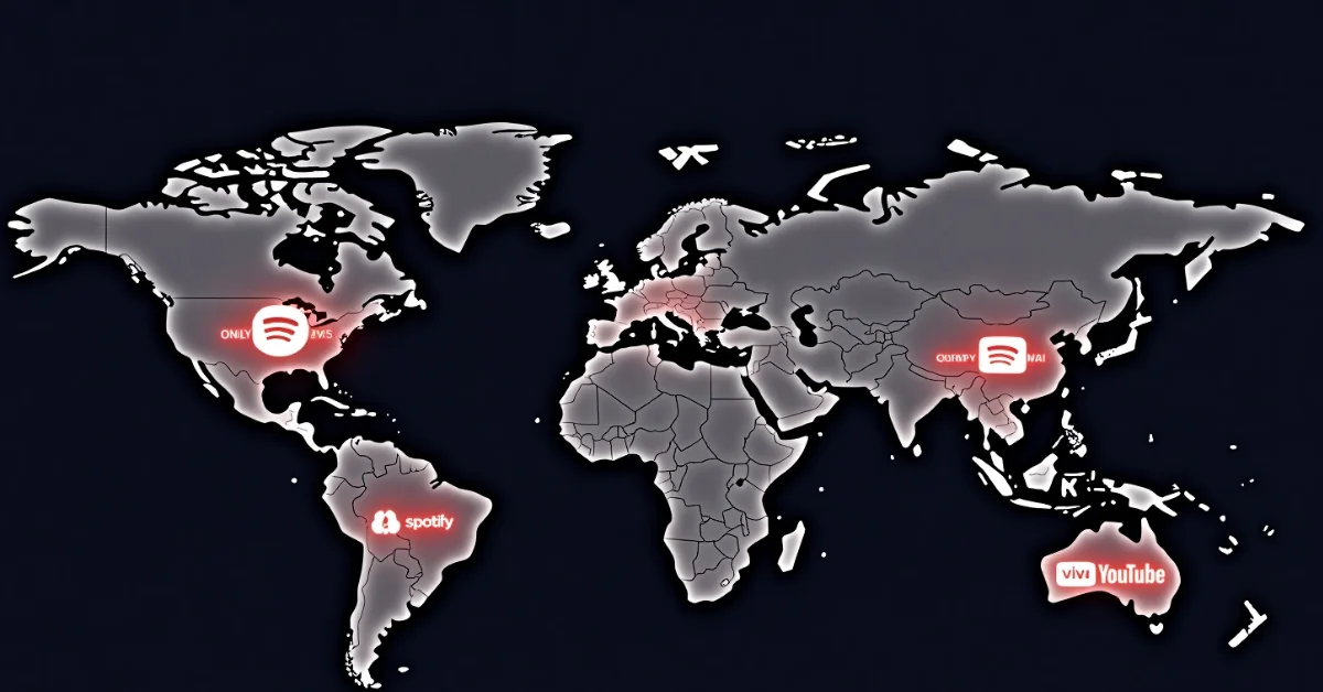 Map showing global Internet Outage affecting Spotify, YouTube, and other platforms across major regions.