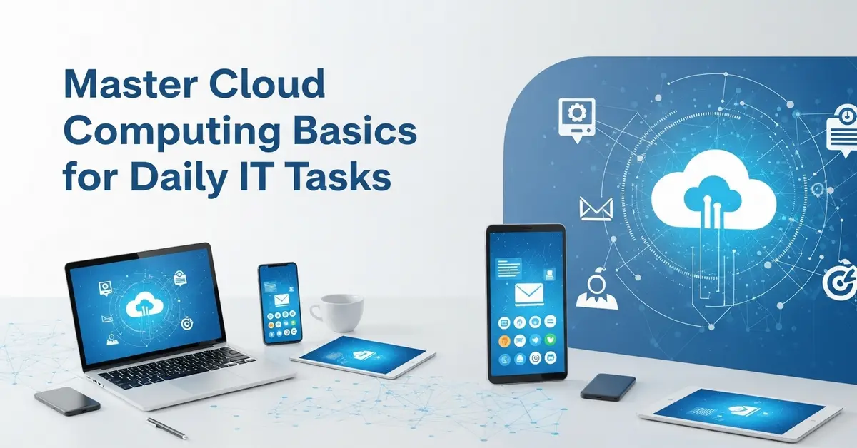 Illustration of cloud computing with connected devices like a laptop, smartphone, and tablet, symbolizing data access and digital workflow in a tech-themed design.