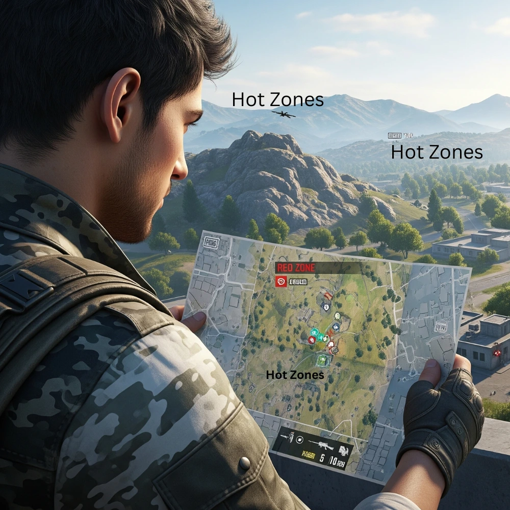 PUBG player planning strategy from high ground view