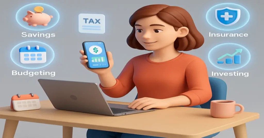 3D image of a woman using a finance app at a desk with icons for saving, budgeting, tax, and investing.