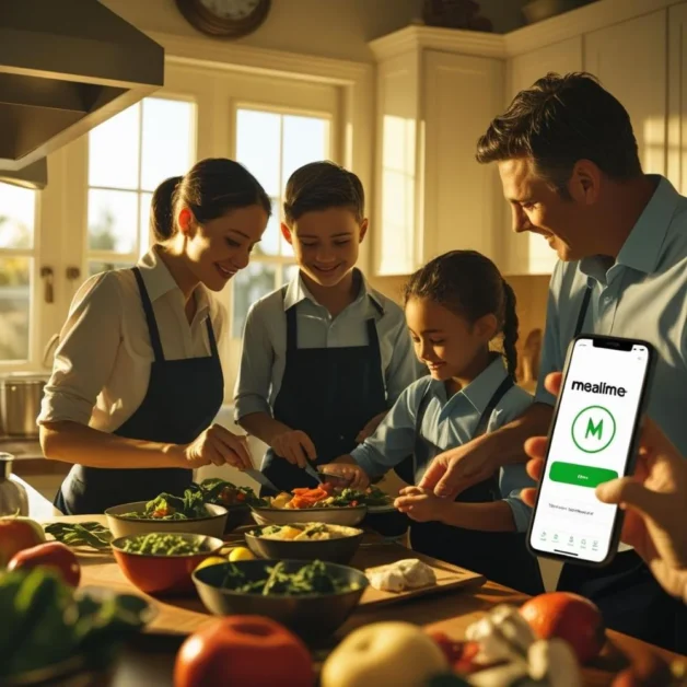 Family cooking together using a meal planning app