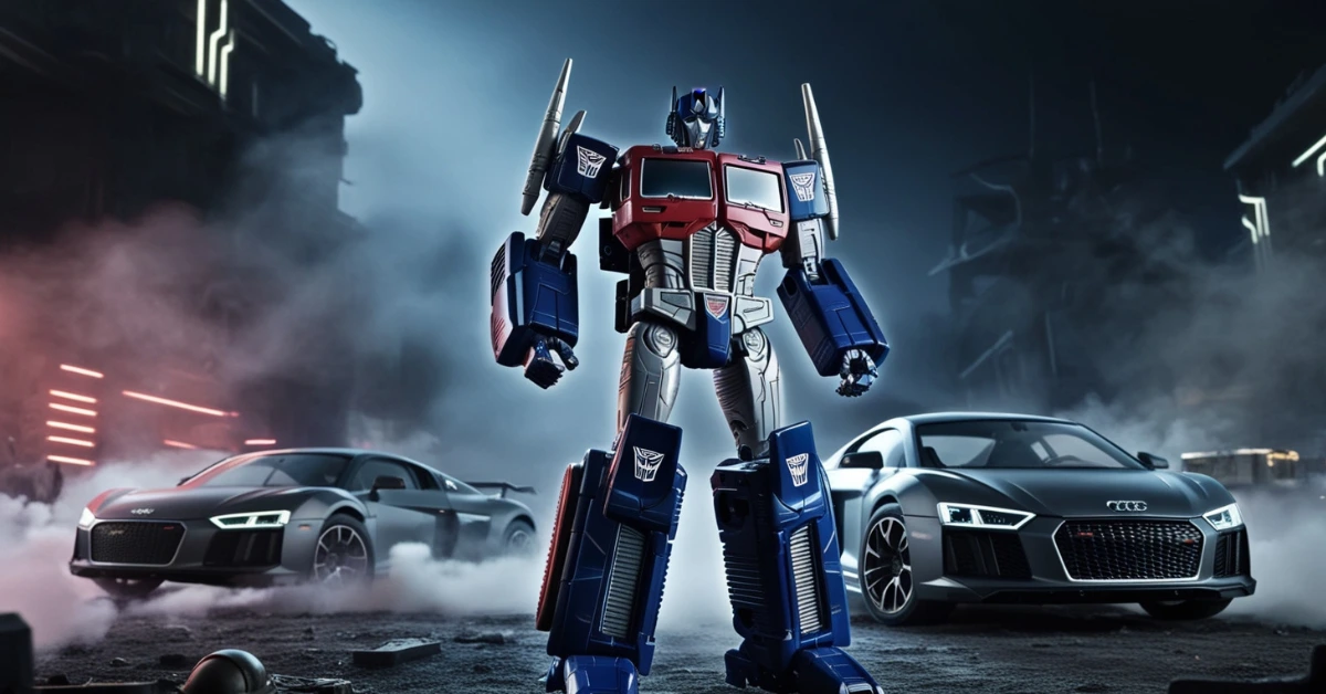 3D render of Sideways robot with Audi R8 in neon-lit city