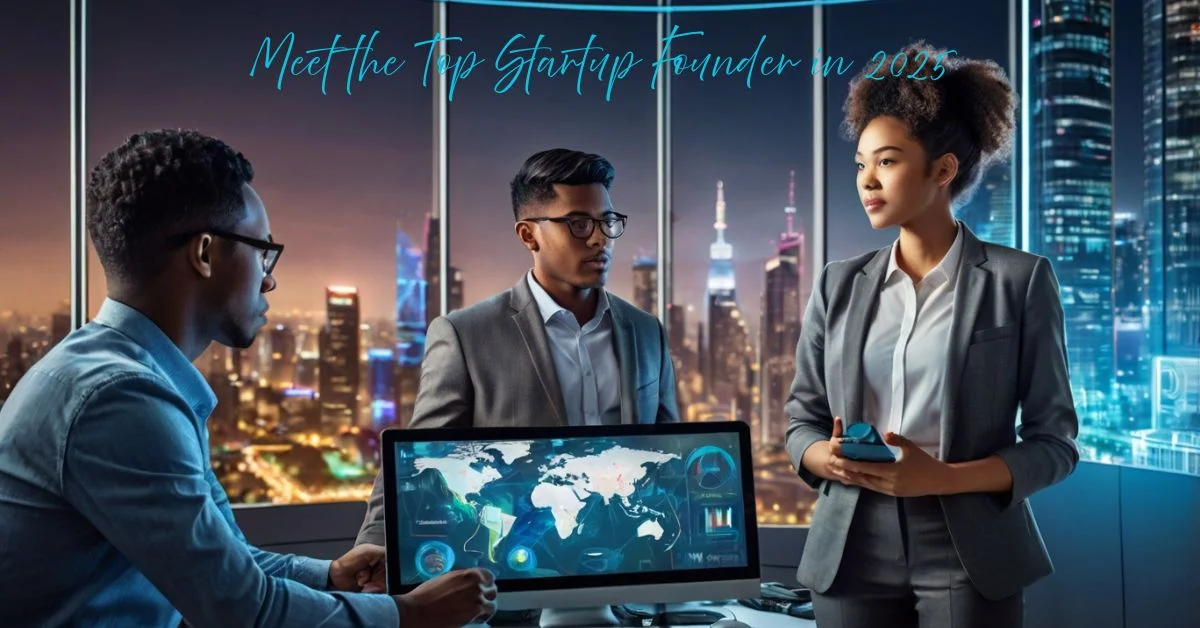 A group of diverse young startup founders working in a futuristic tech office, symbolizing innovation and entrepreneurship in 2025.