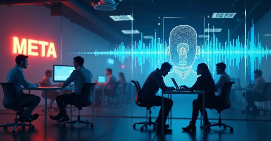 Meta and PlayAI logos on screen, symbolizing acquisition and future of human-like AI voice technology.