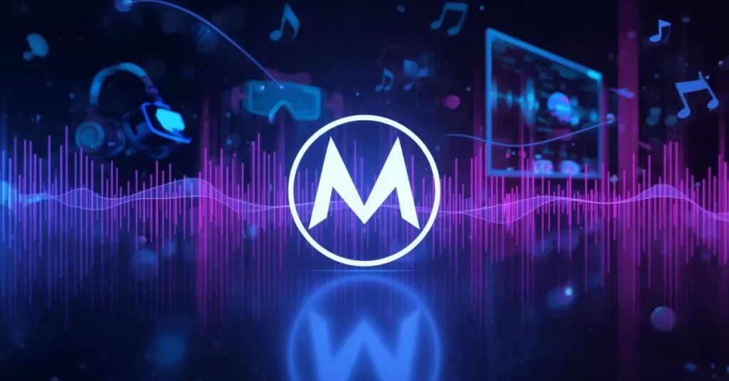 Meta logo surrounded by flowing AI-generated sound waves and holographic VR/AR elements, representing the acquisition of Waveforms and advancement in generative audio technology.