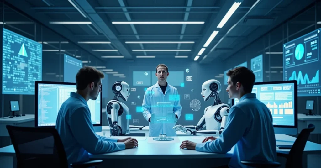 Futuristic AI lab with humans and humanoid robots collaborating around holographic data displays and advanced computer systems.