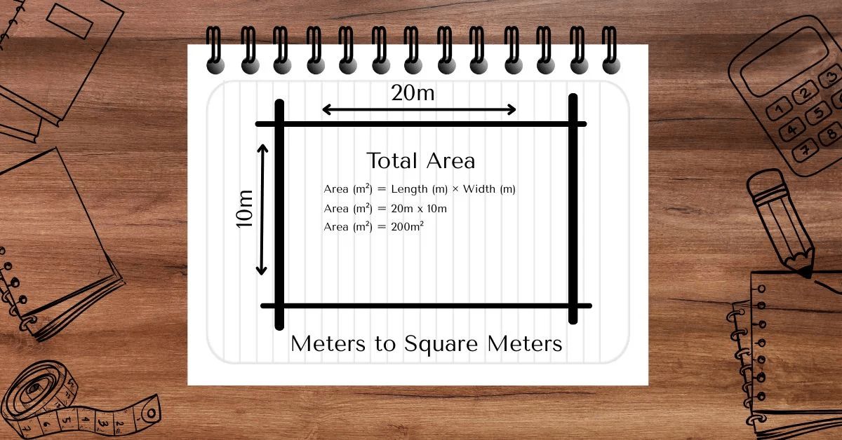 Outline sketch of a plot with meter and square metre measurements labeled clearly.