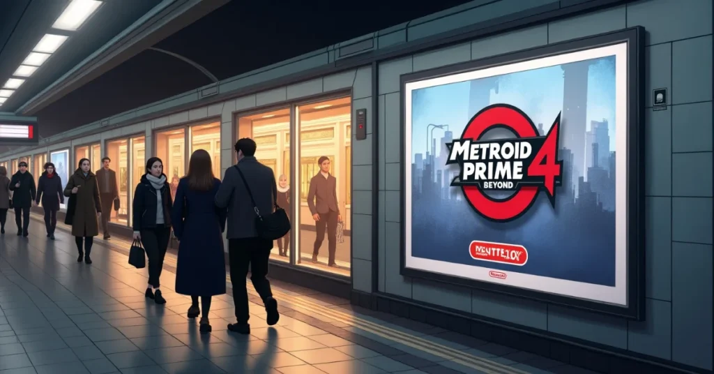 Commuters walk through a subway station beside a large “Metroid Prime 4: Beyond” ad featuring a cityscape and Nintendo logo.