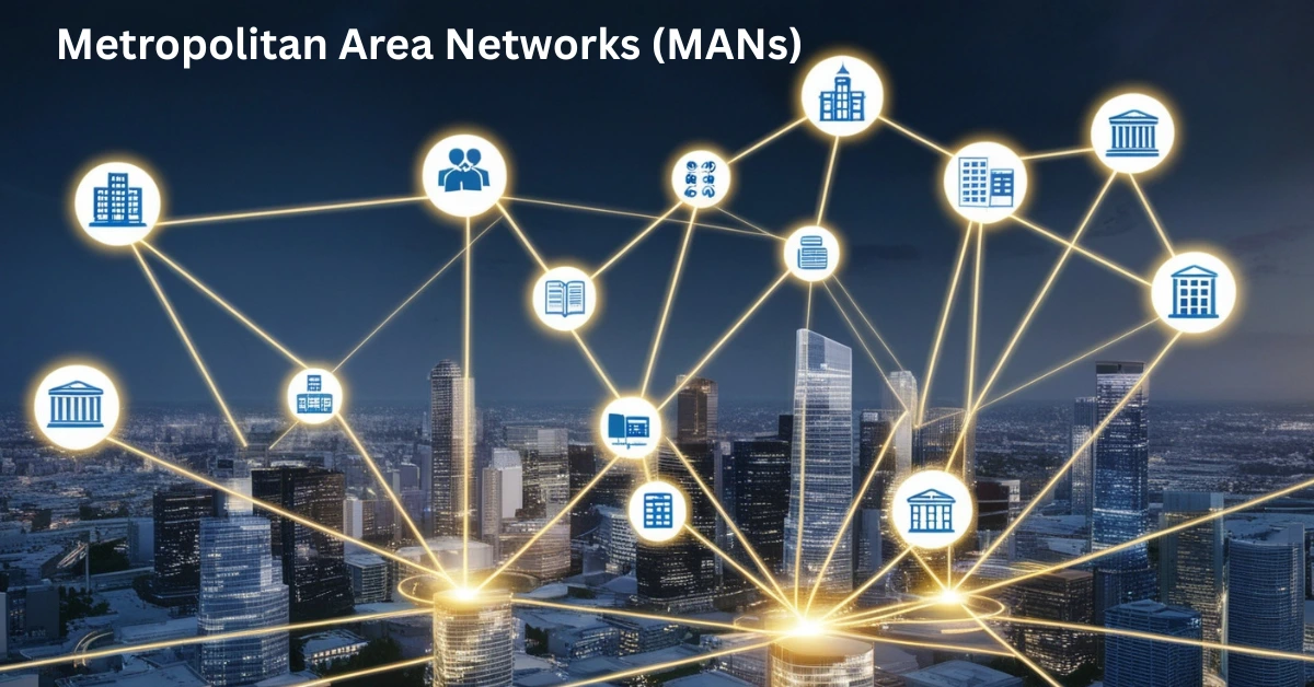 A smart city illustration showing buildings connected with glowing data lines, symbolizing the use of Metropolitan Area Networks (MANs) in urban communication.