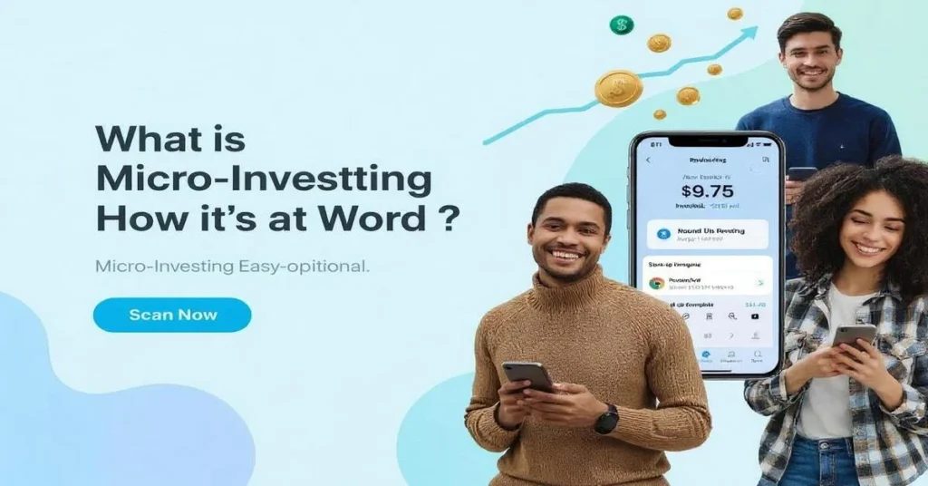 Micro Investing ad with three users, a phone screen showing $9.75 earned, and visuals of coins and growth, promoting easy investing.