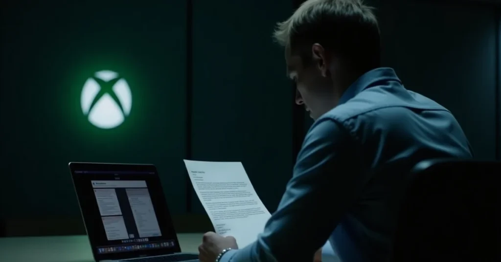 Man reads letter near Xbox logo