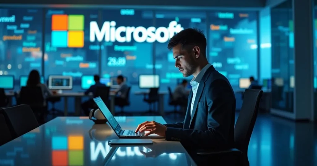 Microsoft office scene showing an employee reading a memo with layoffs and AI investment data displayed next to the Microsoft logo.