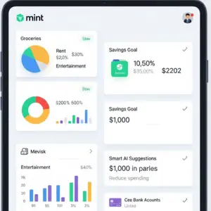 Clean digital dashboard showing Mint 2025 finance app with spending charts, savings goals, and AI budget tips.