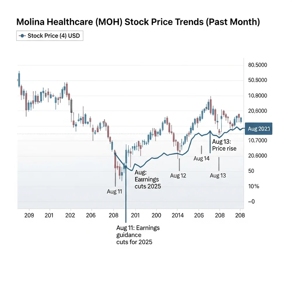 Molina Healthcare stock price trend over the past month showing fluctuations after 2025 earnings guidance cuts.