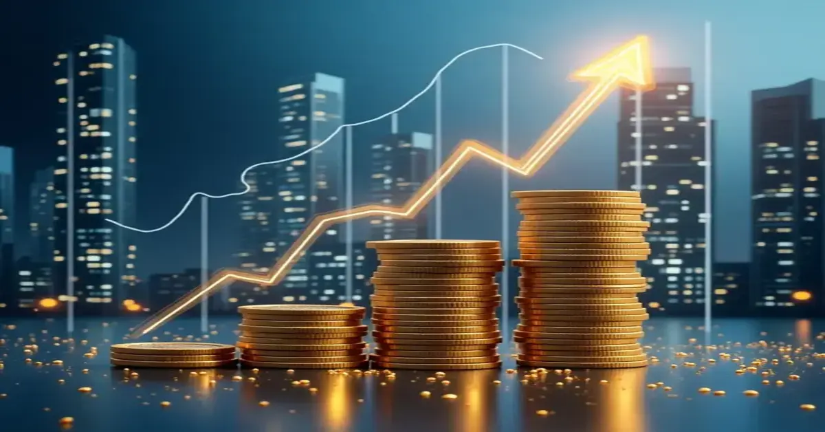 Rising coin stacks with upward arrow symbolizing real estate growth.