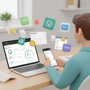 3D image of a gig worker using a laptop and phone with money apps, surrounded by icons for budgeting, invoices, spending, and chat-based finance tools.