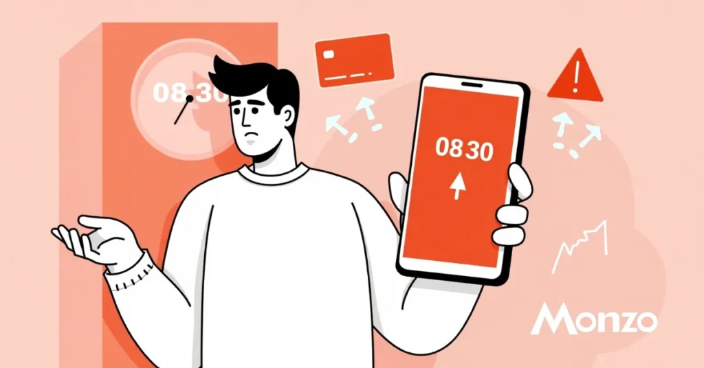 Monzo user holding a phone showing 08:30 amid payment outage, with error icons and Monzo logo in background.