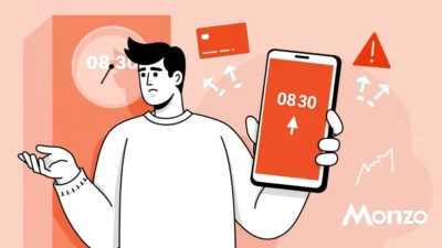 Monzo user holding a phone showing 08:30 amid payment outage, with error icons and Monzo logo in background.