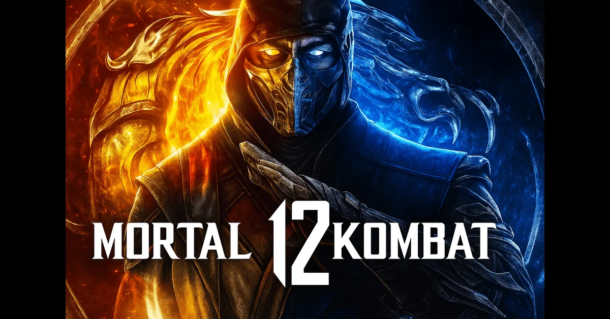 Promotional image for Mortal Kombat 12 showing Scorpion (fire) and Sub-Zero (ice) with the title in the center.