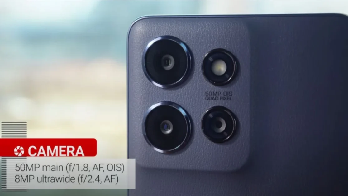 Close-up of Motorola Moto G Power 2025 triple camera setup with 50MP main and 8MP ultrawide lens.